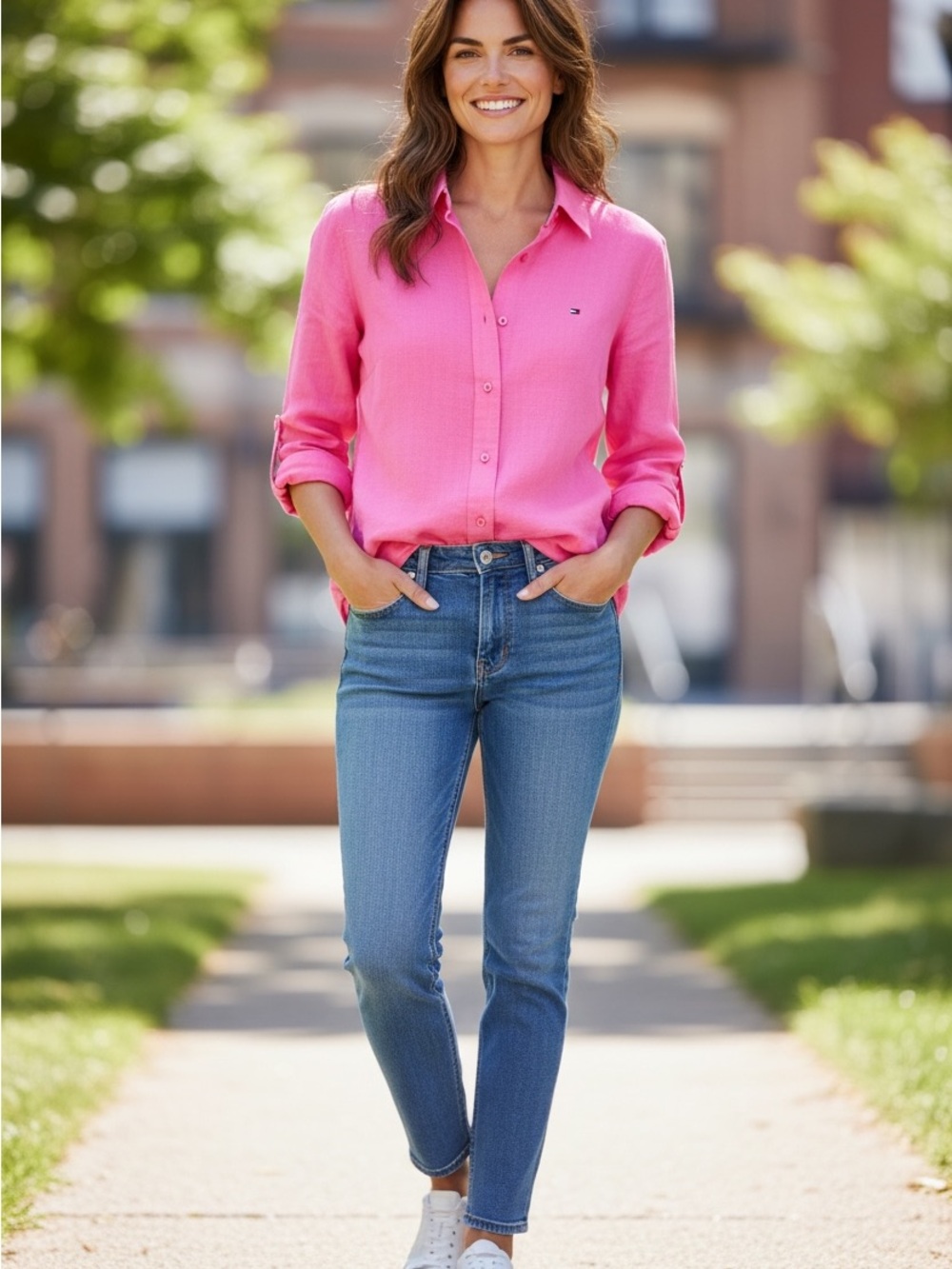 Tommy Hilfiger womens  Pink Button-Down 100% cotton  Shirt size medium